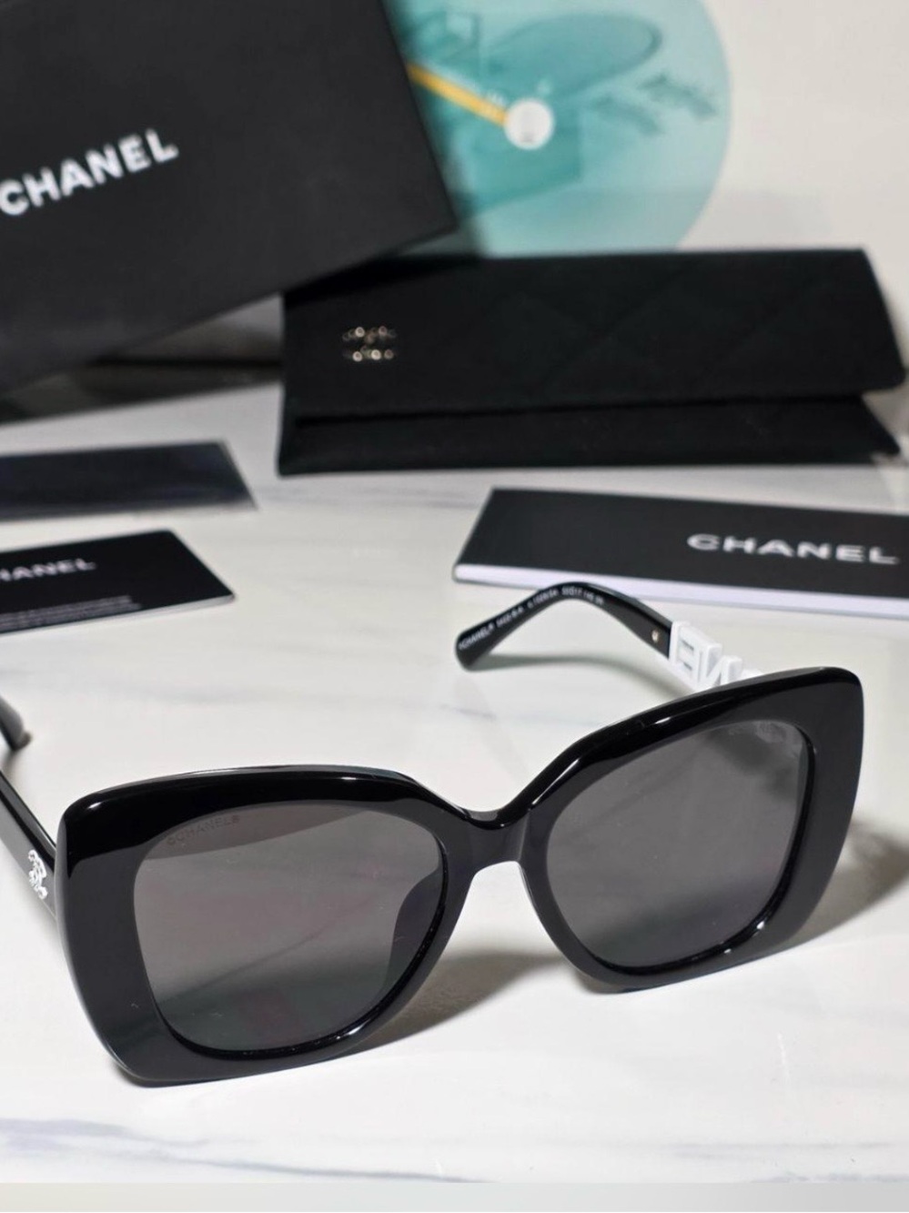 NEW Chanel Acetate Strass Square Sunglasses 5422-B Black White